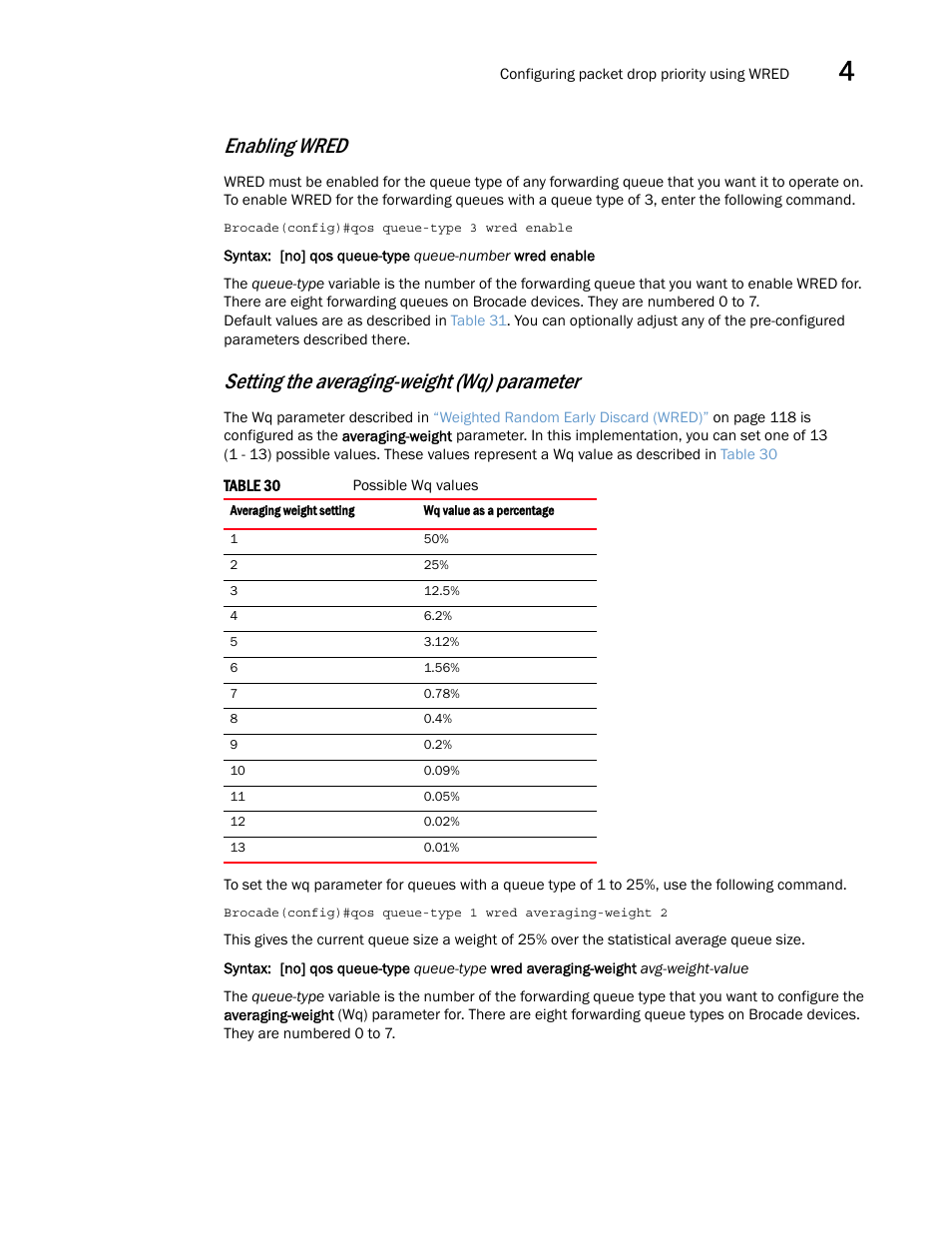 Enabling wred, Setting the averaging-weight (wq) parameter, Optional) | Brocade Multi-Service IronWare QoS and Traffic Management Configuration Guide (Supporting R05.6.00) User Manual | Page 135 / 226