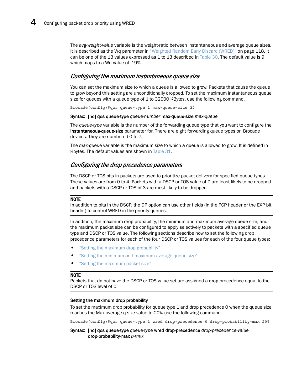 Configuring the maximum instantaneous queue size, Configuring the drop precedence parameters | Brocade Multi-Service IronWare QoS and Traffic Management Configuration Guide (Supporting R05.6.00) User Manual | Page 136 / 226