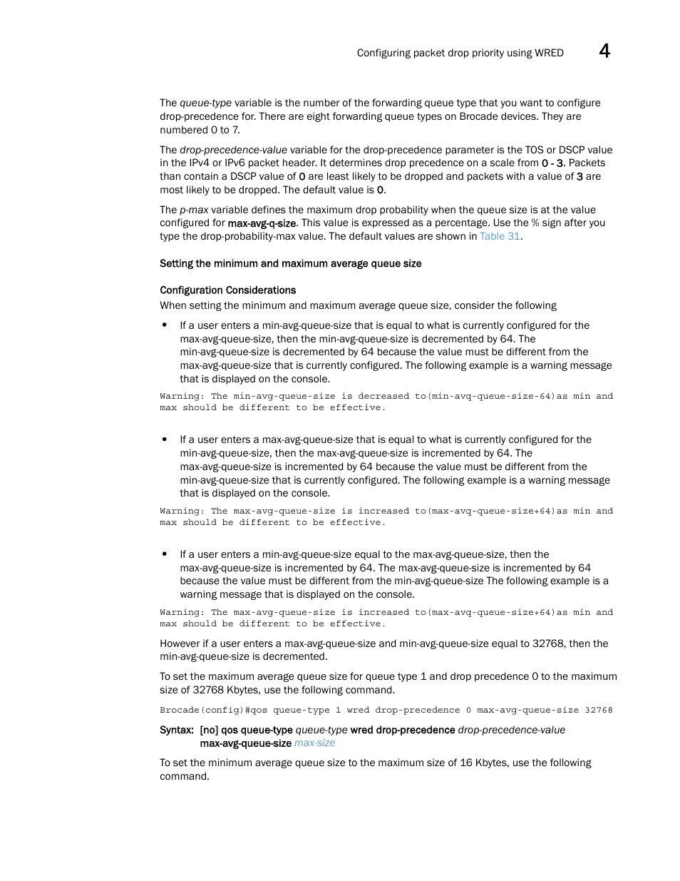 Setting the minimum and maximum average queue size | Brocade Multi-Service IronWare QoS and Traffic Management Configuration Guide (Supporting R05.6.00) User Manual | Page 137 / 226