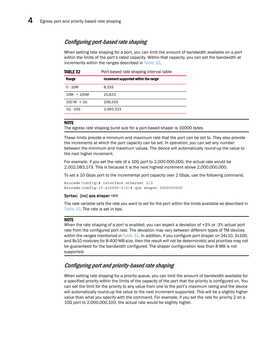 Configuring port-based rate shaping, Configuring port and priority-based rate shaping | Brocade Multi-Service IronWare QoS and Traffic Management Configuration Guide (Supporting R05.6.00) User Manual | Page 144 / 226