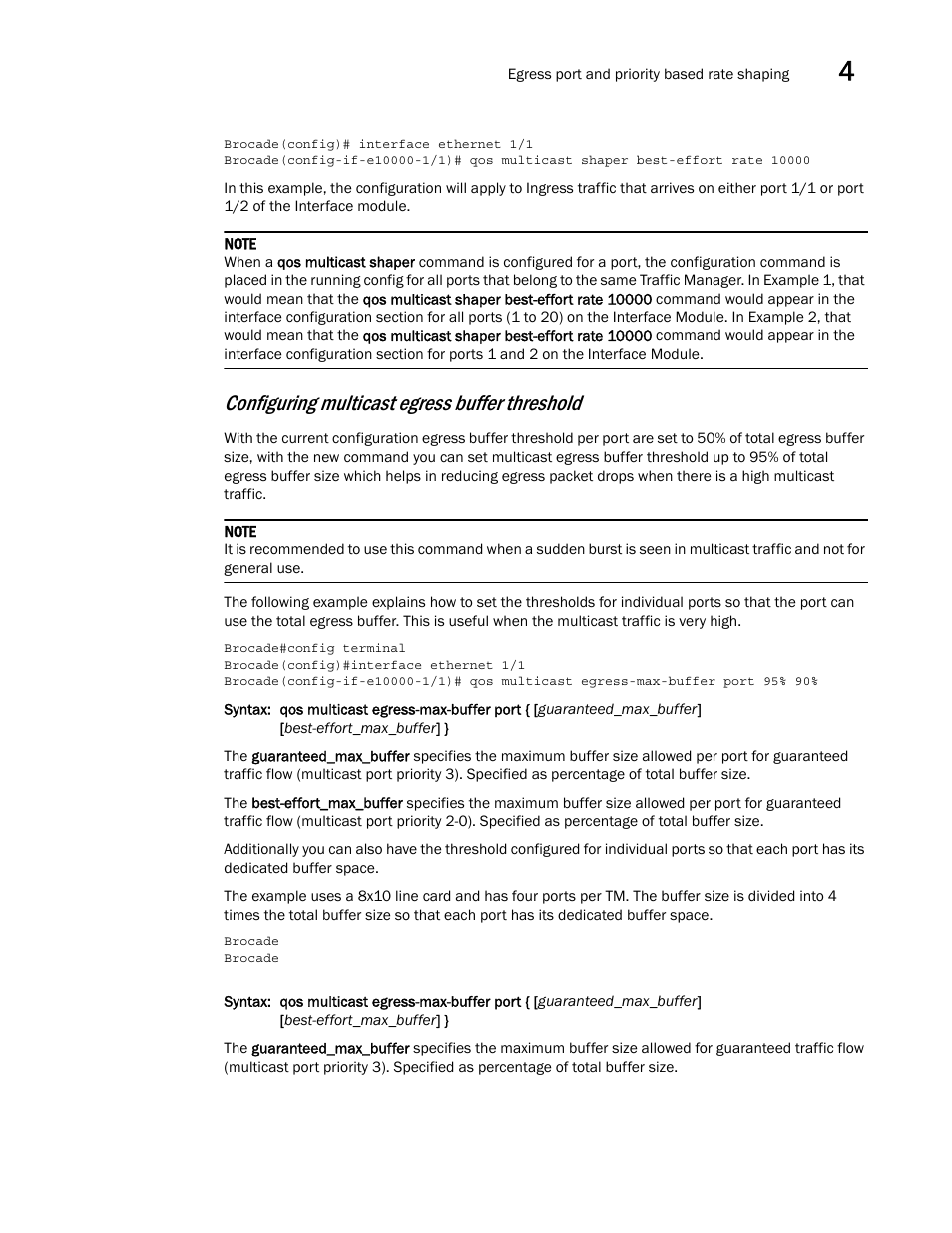 Configuring multicast egress buffer threshold | Brocade Multi-Service IronWare QoS and Traffic Management Configuration Guide (Supporting R05.6.00) User Manual | Page 147 / 226