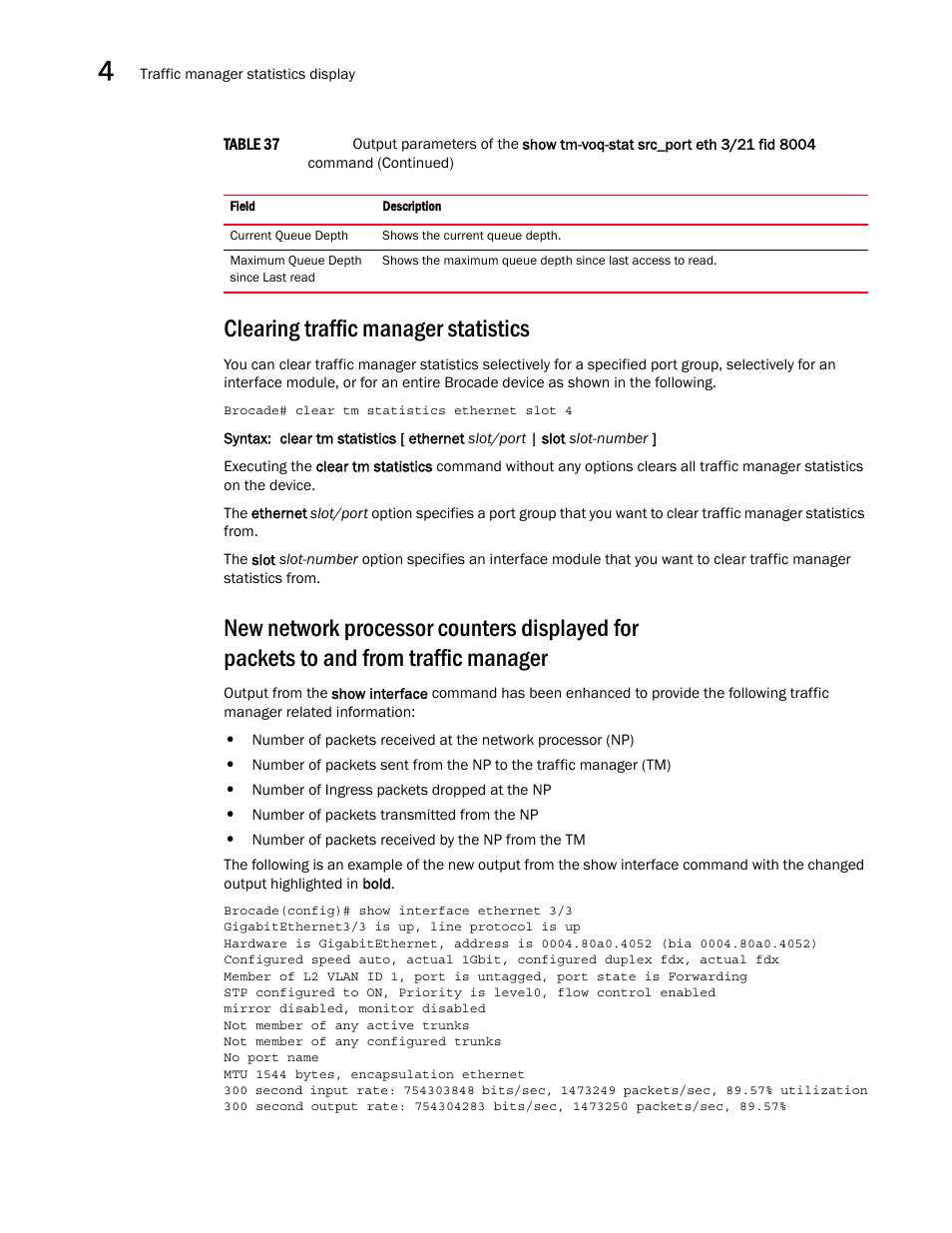 Clearing traffic manager statistics | Brocade Multi-Service IronWare QoS and Traffic Management Configuration Guide (Supporting R05.6.00) User Manual | Page 160 / 226