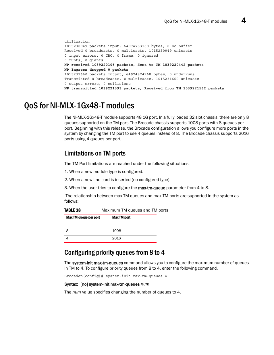 Qos for ni-mlx-1gx48-t modules, Limitations on tm ports, Configuring priority queues from 8 to 4 | Qos for, Ni-mlx-1gx48-t modules | Brocade Multi-Service IronWare QoS and Traffic Management Configuration Guide (Supporting R05.6.00) User Manual | Page 161 / 226