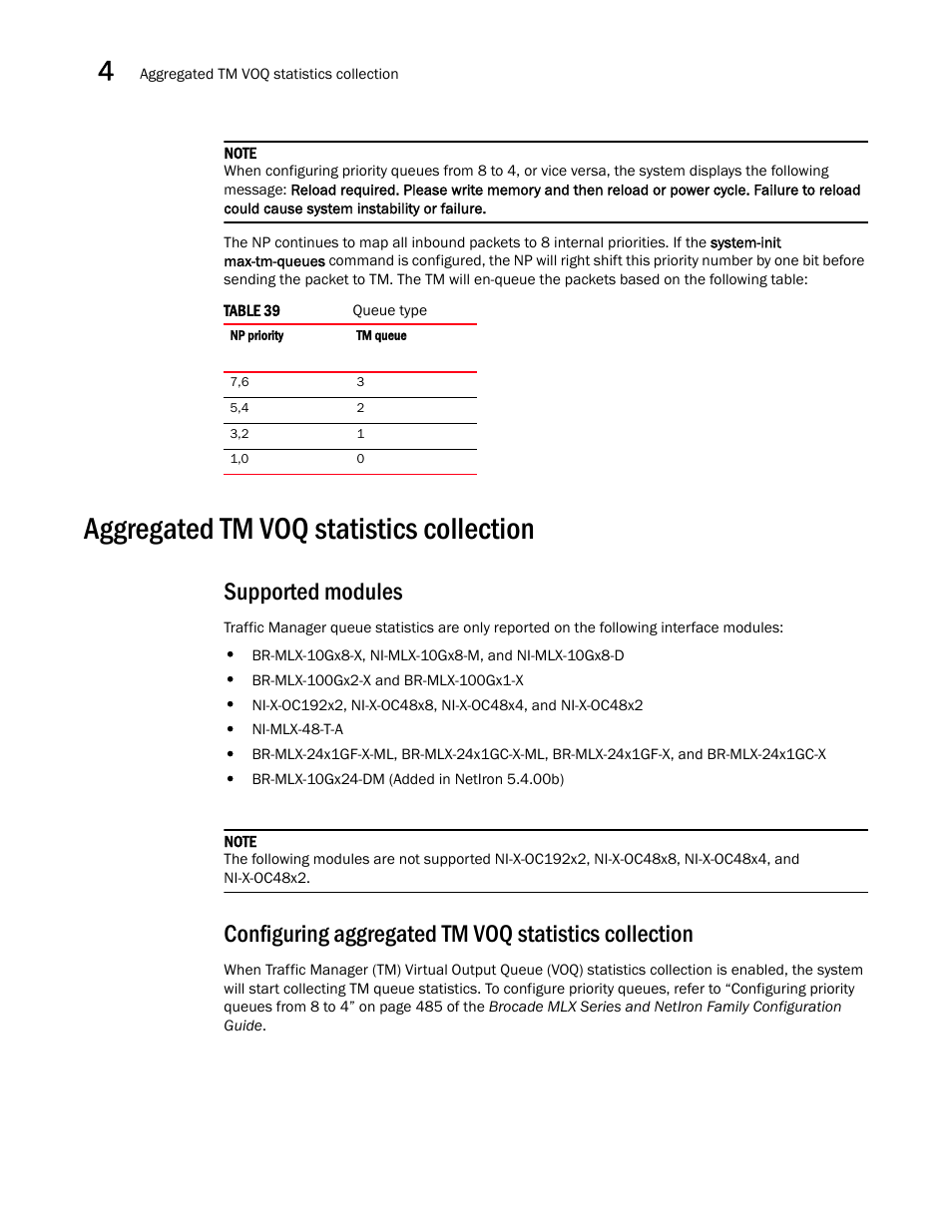 Aggregated tm voq statistics collection, Supported modules | Brocade Multi-Service IronWare QoS and Traffic Management Configuration Guide (Supporting R05.6.00) User Manual | Page 162 / 226