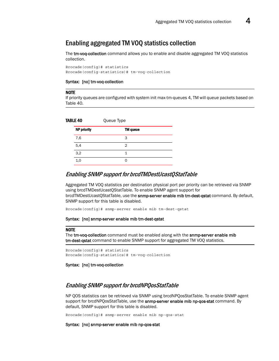 Enabling aggregated tm voq statistics collection, Enabling snmp support for brcdnpqosstattable | Brocade Multi-Service IronWare QoS and Traffic Management Configuration Guide (Supporting R05.6.00) User Manual | Page 163 / 226