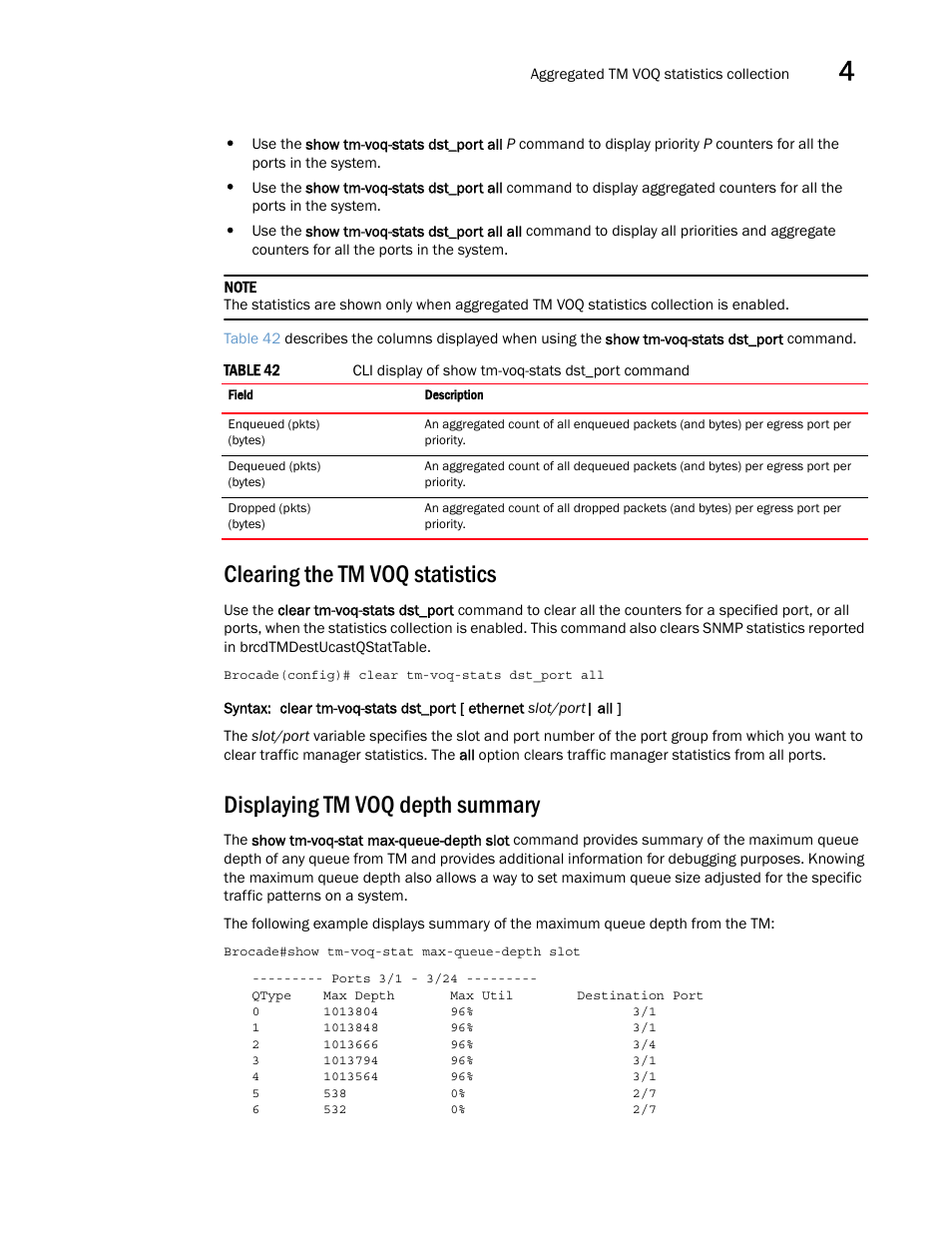 Clearing the tm voq statistics, Displaying tm voq depth summary | Brocade Multi-Service IronWare QoS and Traffic Management Configuration Guide (Supporting R05.6.00) User Manual | Page 167 / 226