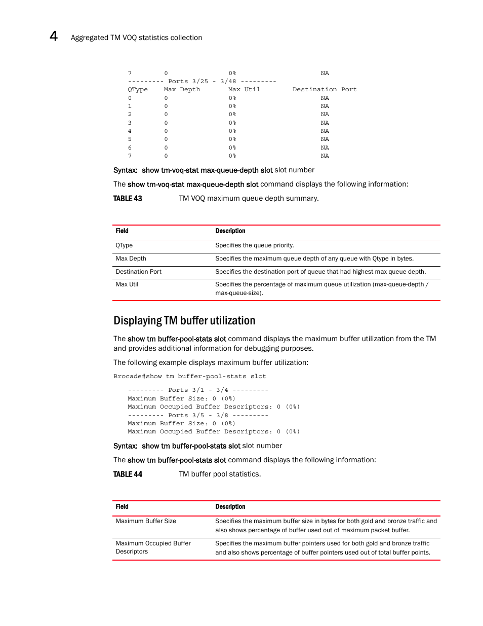 Displaying tm buffer utilization | Brocade Multi-Service IronWare QoS and Traffic Management Configuration Guide (Supporting R05.6.00) User Manual | Page 168 / 226