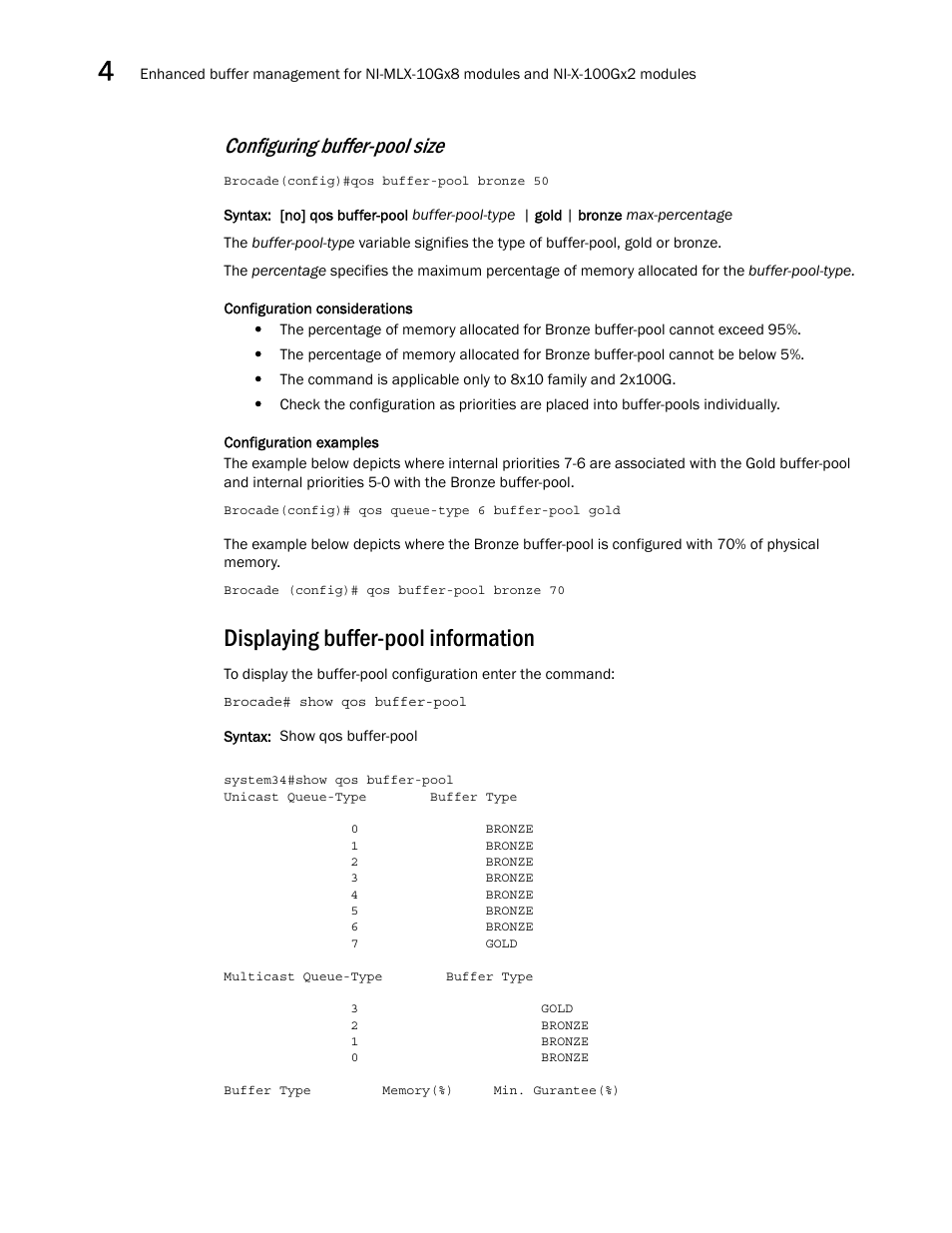 Displaying buffer-pool information, Configuring buffer-pool size | Brocade Multi-Service IronWare QoS and Traffic Management Configuration Guide (Supporting R05.6.00) User Manual | Page 176 / 226