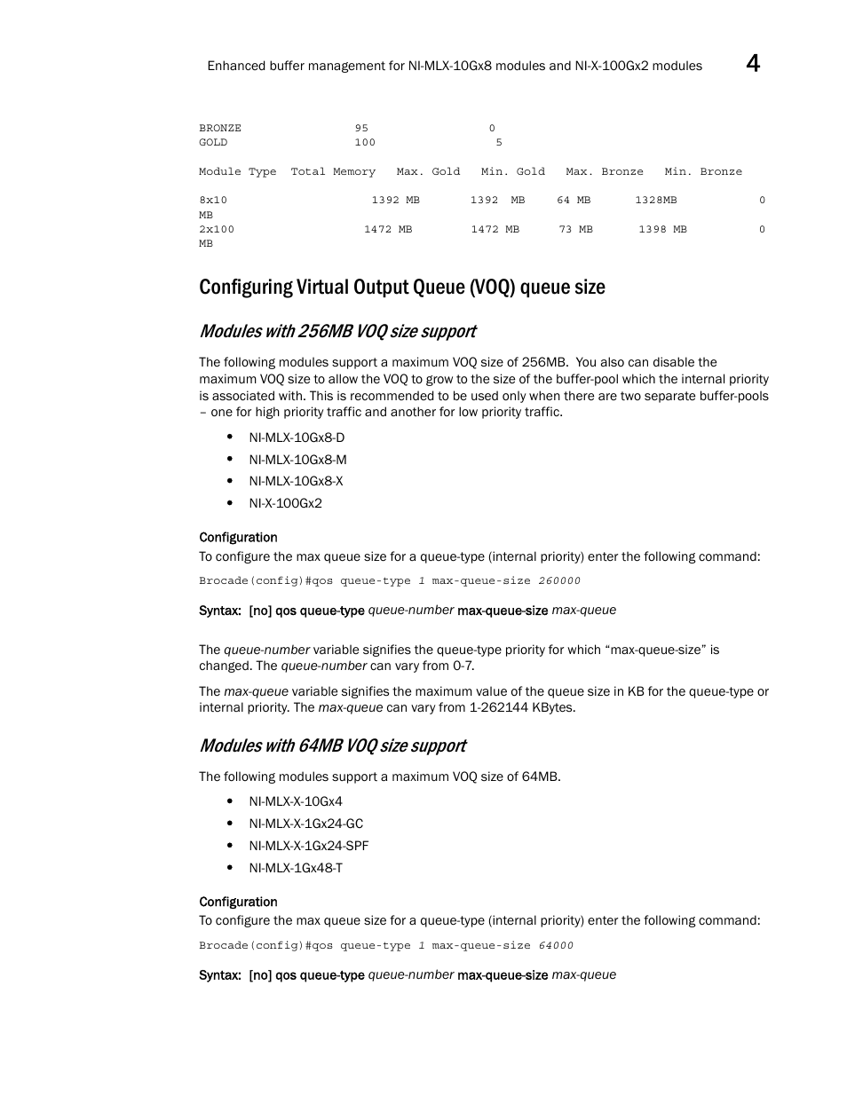 Configuring virtual output queue (voq) queue size, Modules with 256mb voq size support, Modules with 64mb voq size support | Brocade Multi-Service IronWare QoS and Traffic Management Configuration Guide (Supporting R05.6.00) User Manual | Page 177 / 226