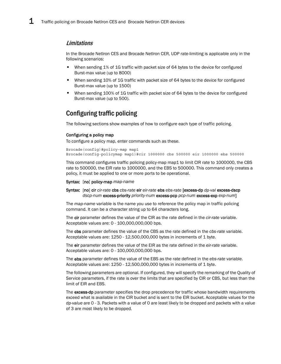 Configuring traffic policing, Limitations | Brocade Multi-Service IronWare QoS and Traffic Management Configuration Guide (Supporting R05.6.00) User Manual | Page 18 / 226