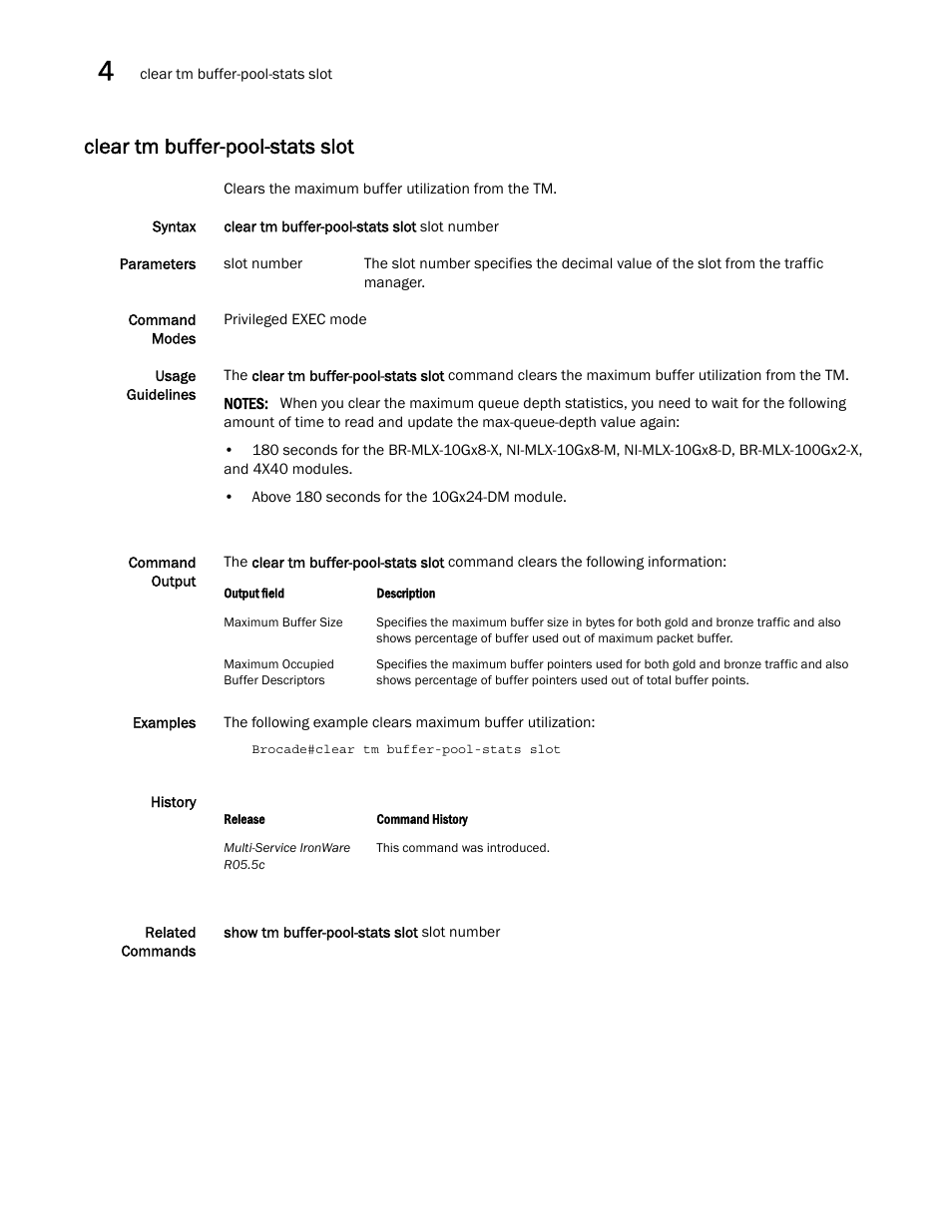 Clear tm buffer-pool-stats slot | Brocade Multi-Service IronWare QoS and Traffic Management Configuration Guide (Supporting R05.6.00) User Manual | Page 184 / 226