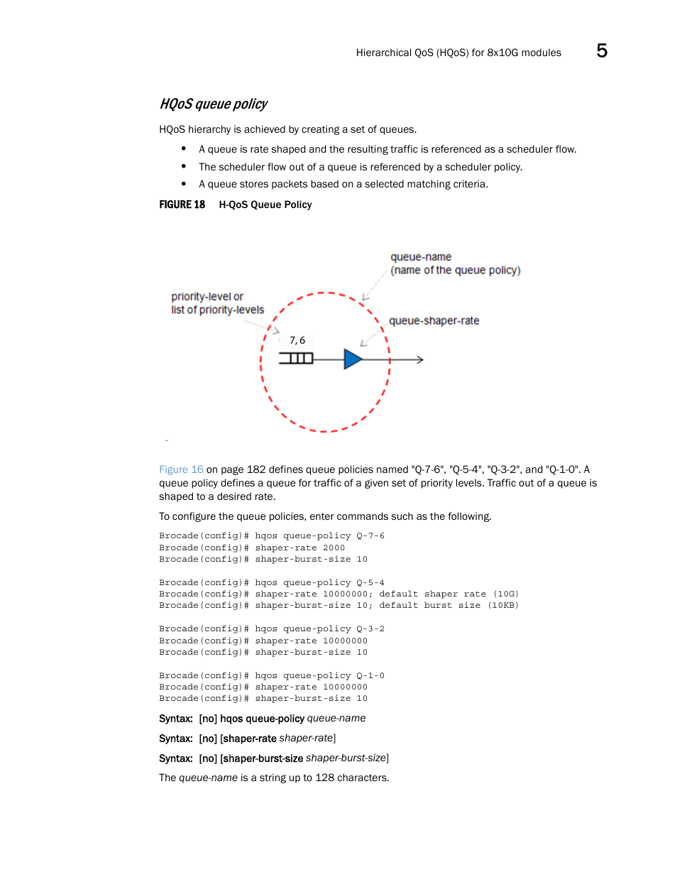 Hqos queue policy | Brocade Multi-Service IronWare QoS and Traffic Management Configuration Guide (Supporting R05.6.00) User Manual | Page 199 / 226