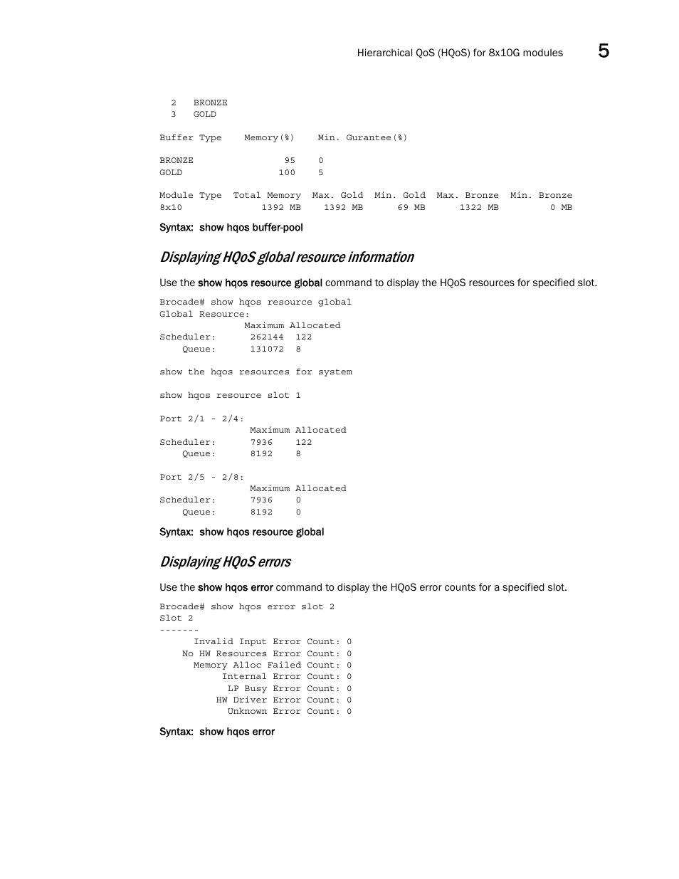 Displaying hqos global resource information, Displaying hqos errors | Brocade Multi-Service IronWare QoS and Traffic Management Configuration Guide (Supporting R05.6.00) User Manual | Page 207 / 226