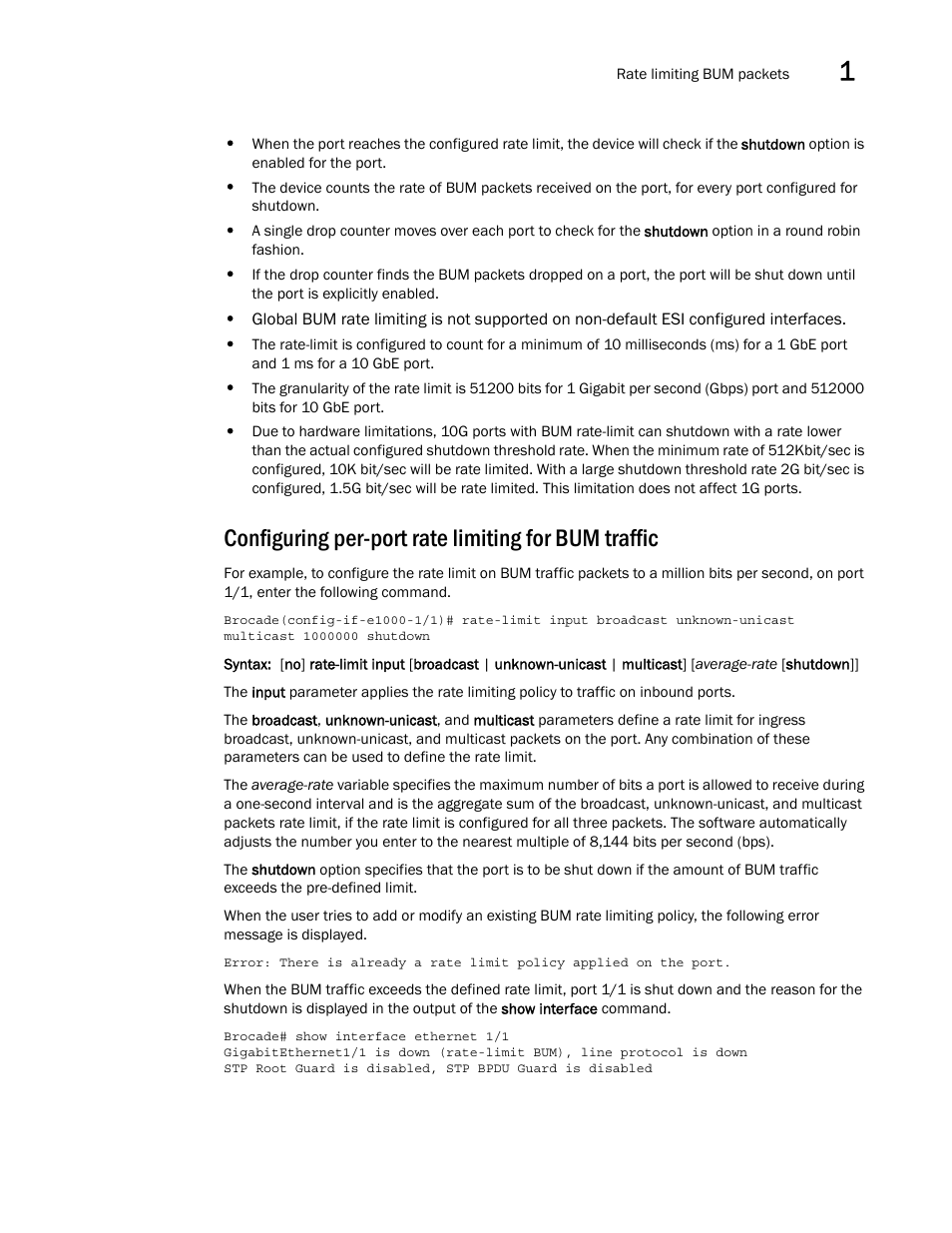 Configuring per-port rate limiting for bum traffic | Brocade Multi-Service IronWare QoS and Traffic Management Configuration Guide (Supporting R05.6.00) User Manual | Page 25 / 226