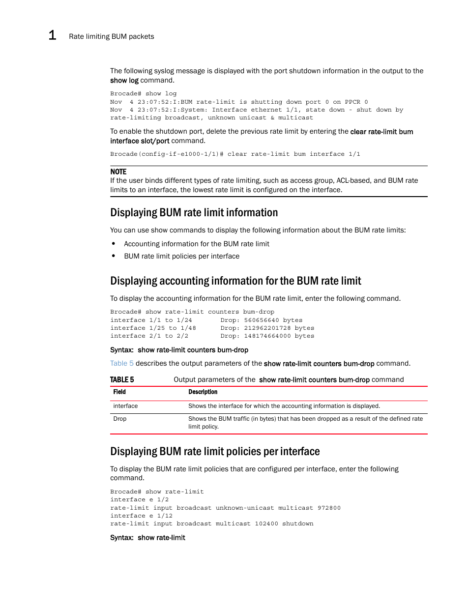 Displaying bum rate limit information, Displaying bum rate limit policies per interface | Brocade Multi-Service IronWare QoS and Traffic Management Configuration Guide (Supporting R05.6.00) User Manual | Page 26 / 226