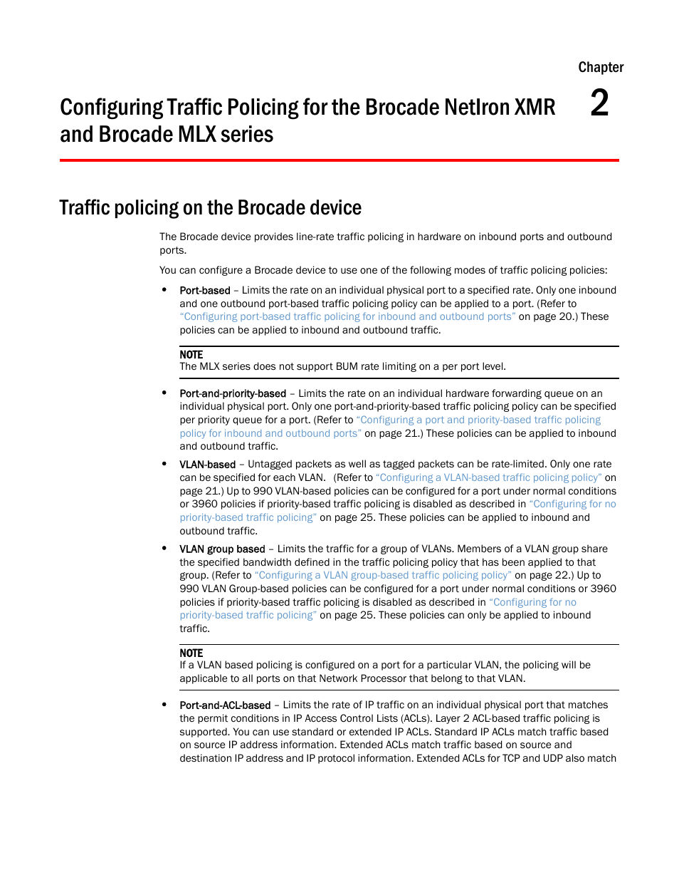 Traffic policing on the brocade device, Chapter 2, Chapter | Brocade Multi-Service IronWare QoS and Traffic Management Configuration Guide (Supporting R05.6.00) User Manual | Page 29 / 226