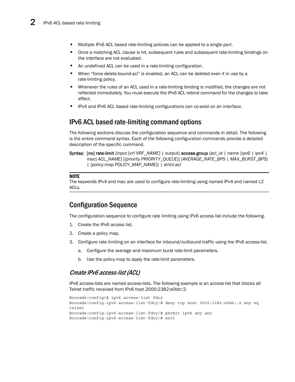 Ipv6 acl based rate-limiting command options, Configuration sequence, Create ipv6 access-list (acl) | Brocade Multi-Service IronWare QoS and Traffic Management Configuration Guide (Supporting R05.6.00) User Manual | Page 44 / 226