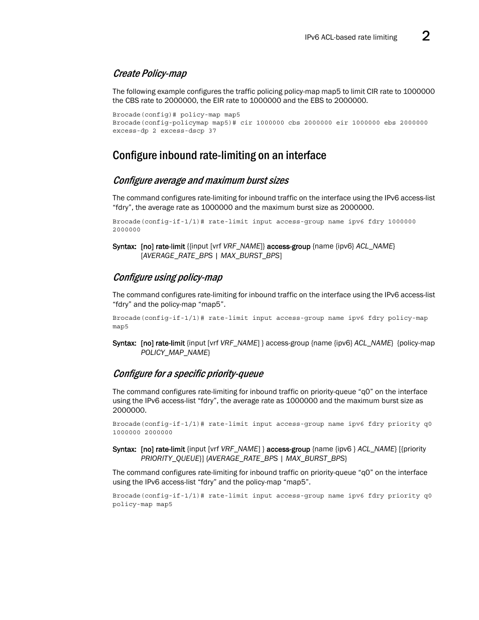 Configure inbound rate-limiting on an interface, Create policy-map, Configure average and maximum burst sizes | Configure using policy-map, Configure for a specific priority-queue | Brocade Multi-Service IronWare QoS and Traffic Management Configuration Guide (Supporting R05.6.00) User Manual | Page 45 / 226