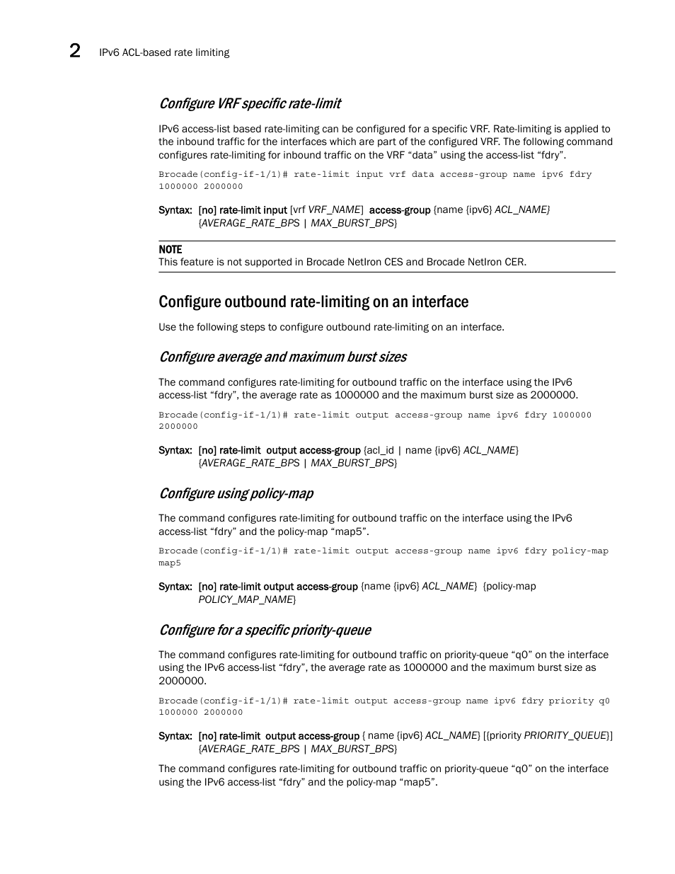 Configure outbound rate-limiting on an interface, Configure vrf specific rate-limit, Configure average and maximum burst sizes | Configure using policy-map, Configure for a specific priority-queue | Brocade Multi-Service IronWare QoS and Traffic Management Configuration Guide (Supporting R05.6.00) User Manual | Page 46 / 226