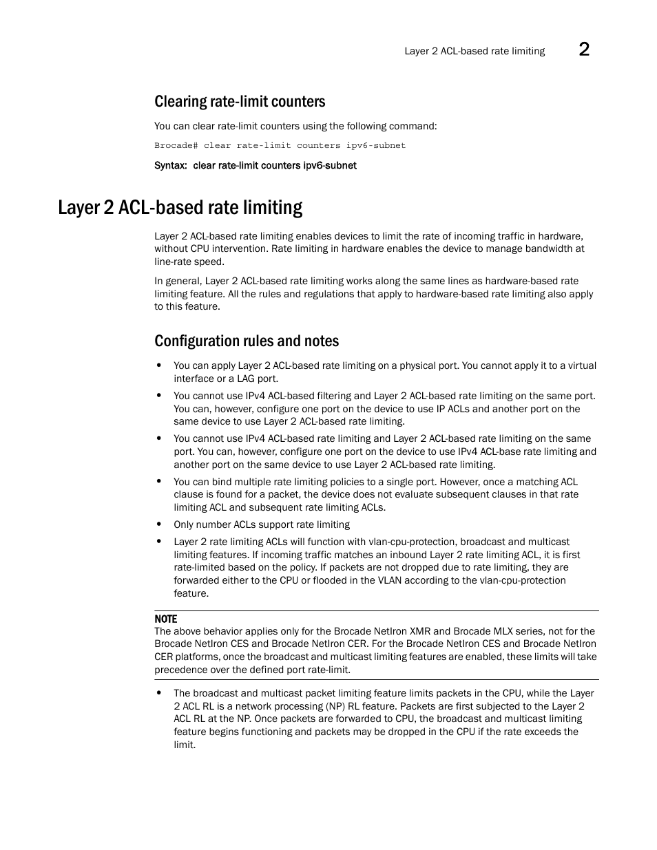 Clearing rate-limit counters, Layer 2 acl-based rate limiting, Configuration rules and notes | Brocade Multi-Service IronWare QoS and Traffic Management Configuration Guide (Supporting R05.6.00) User Manual | Page 49 / 226