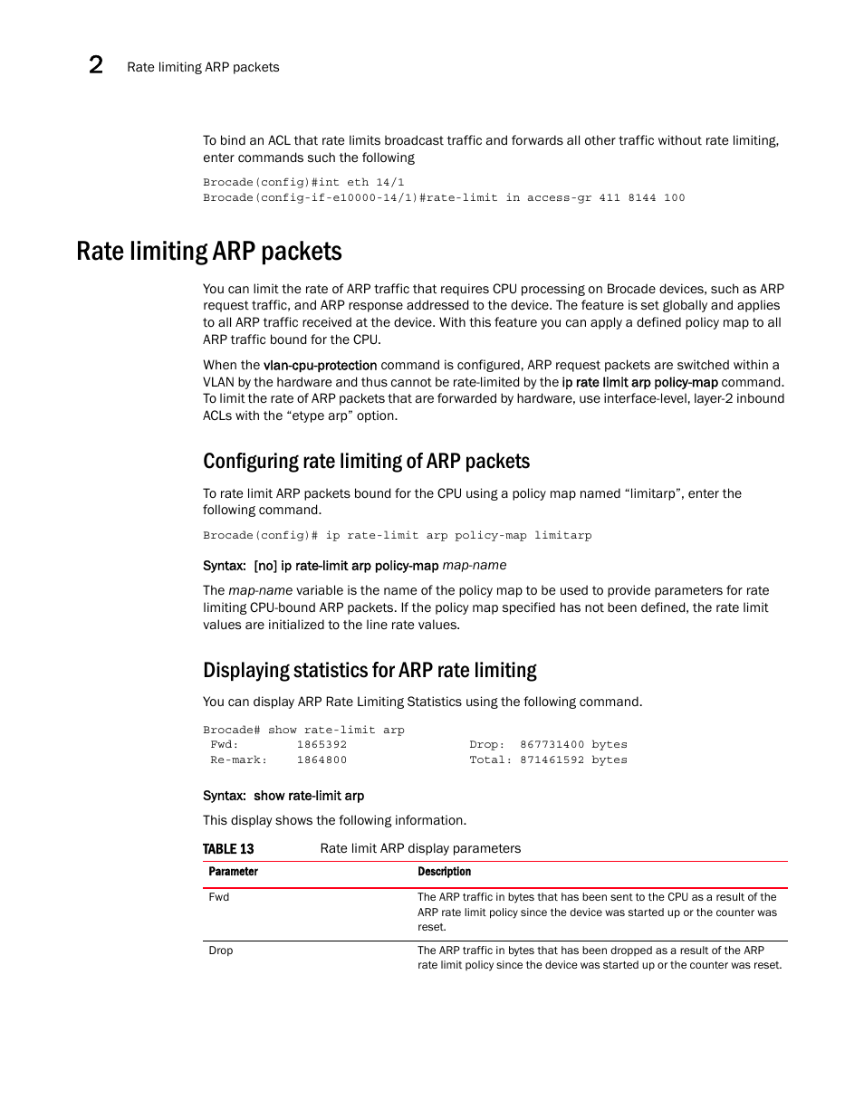 Rate limiting arp packets, Configuring rate limiting of arp packets, Displaying statistics for arp rate limiting | Brocade Multi-Service IronWare QoS and Traffic Management Configuration Guide (Supporting R05.6.00) User Manual | Page 52 / 226