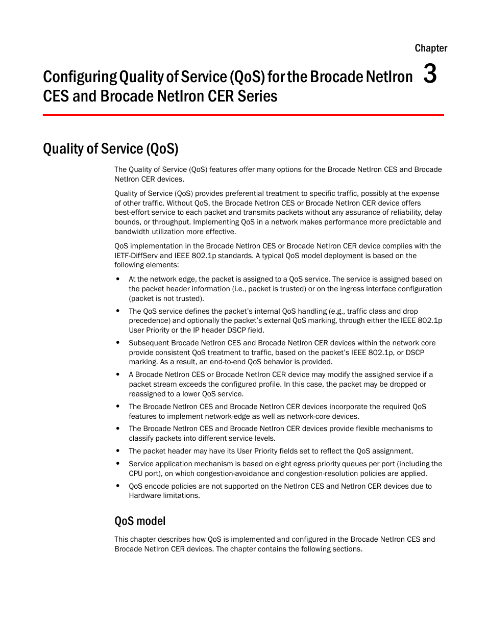 Quality of service (qos), Qos model, Chapter 3 | Series | Brocade Multi-Service IronWare QoS and Traffic Management Configuration Guide (Supporting R05.6.00) User Manual | Page 55 / 226