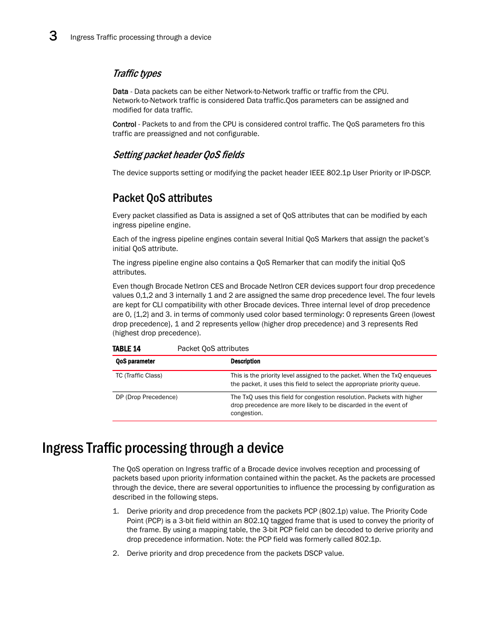 Packet qos attributes, Ingress traffic processing through a device, Traffic types | Setting packet header qos fields | Brocade Multi-Service IronWare QoS and Traffic Management Configuration Guide (Supporting R05.6.00) User Manual | Page 56 / 226