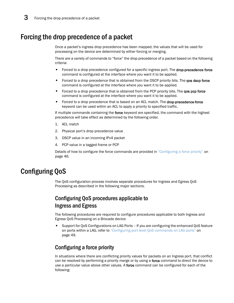 Forcing the drop precedence of a packet, Configuring qos, Configuring a force priority | Brocade Multi-Service IronWare QoS and Traffic Management Configuration Guide (Supporting R05.6.00) User Manual | Page 60 / 226