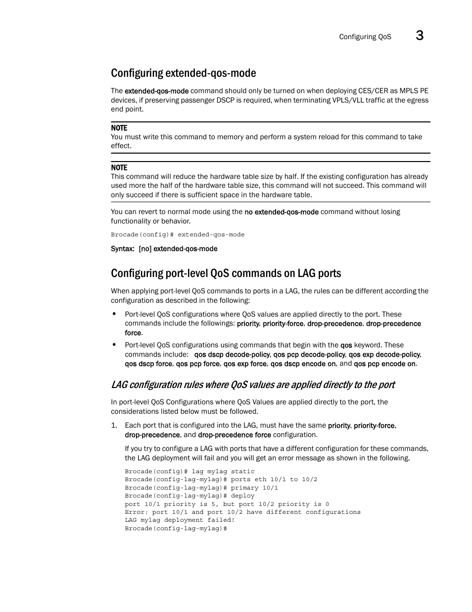 Configuring extended-qos-mode, Configuring port-level qos commands on lag ports | Brocade Multi-Service IronWare QoS and Traffic Management Configuration Guide (Supporting R05.6.00) User Manual | Page 63 / 226