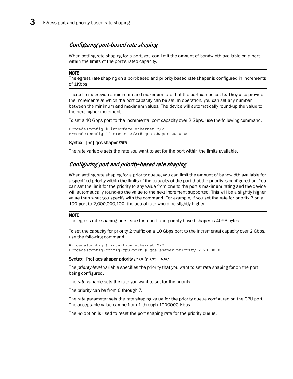 Configuring port-based rate shaping, Configuring port and priority-based rate shaping | Brocade Multi-Service IronWare QoS and Traffic Management Configuration Guide (Supporting R05.6.00) User Manual | Page 72 / 226