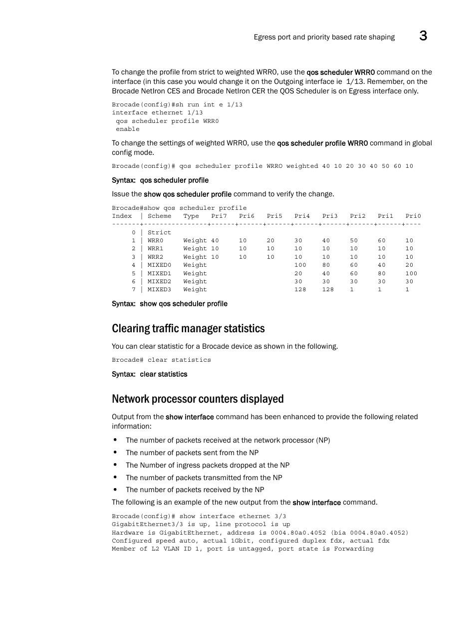 Clearing traffic manager statistics, Network processor counters displayed | Brocade Multi-Service IronWare QoS and Traffic Management Configuration Guide (Supporting R05.6.00) User Manual | Page 75 / 226