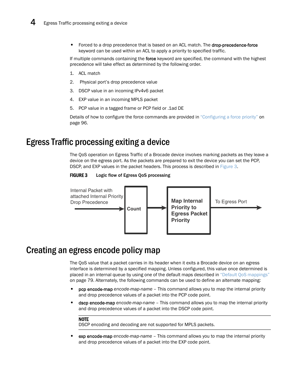 Egress traffic processing exiting a device, Creating an egress encode policy map | Brocade Multi-Service IronWare QoS and Traffic Management Configuration Guide (Supporting R05.6.00) User Manual | Page 90 / 226