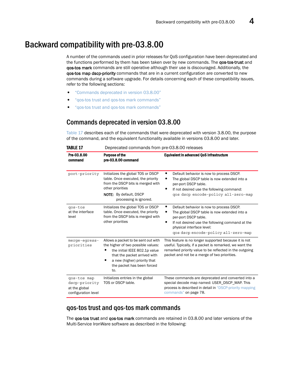 Backward compatibility with pre-03.8.00, Commands deprecated in version 03.8.00, Qos-tos trust and qos-tos mark commands | Brocade Multi-Service IronWare QoS and Traffic Management Configuration Guide (Supporting R05.6.00) User Manual | Page 91 / 226