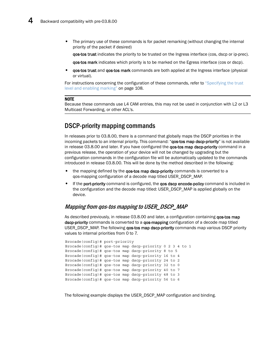 Dscp-priority mapping commands, Dscp-priority mapping, Commands | Mapping from qos-tos mapping to user_dscp_map | Brocade Multi-Service IronWare QoS and Traffic Management Configuration Guide (Supporting R05.6.00) User Manual | Page 92 / 226