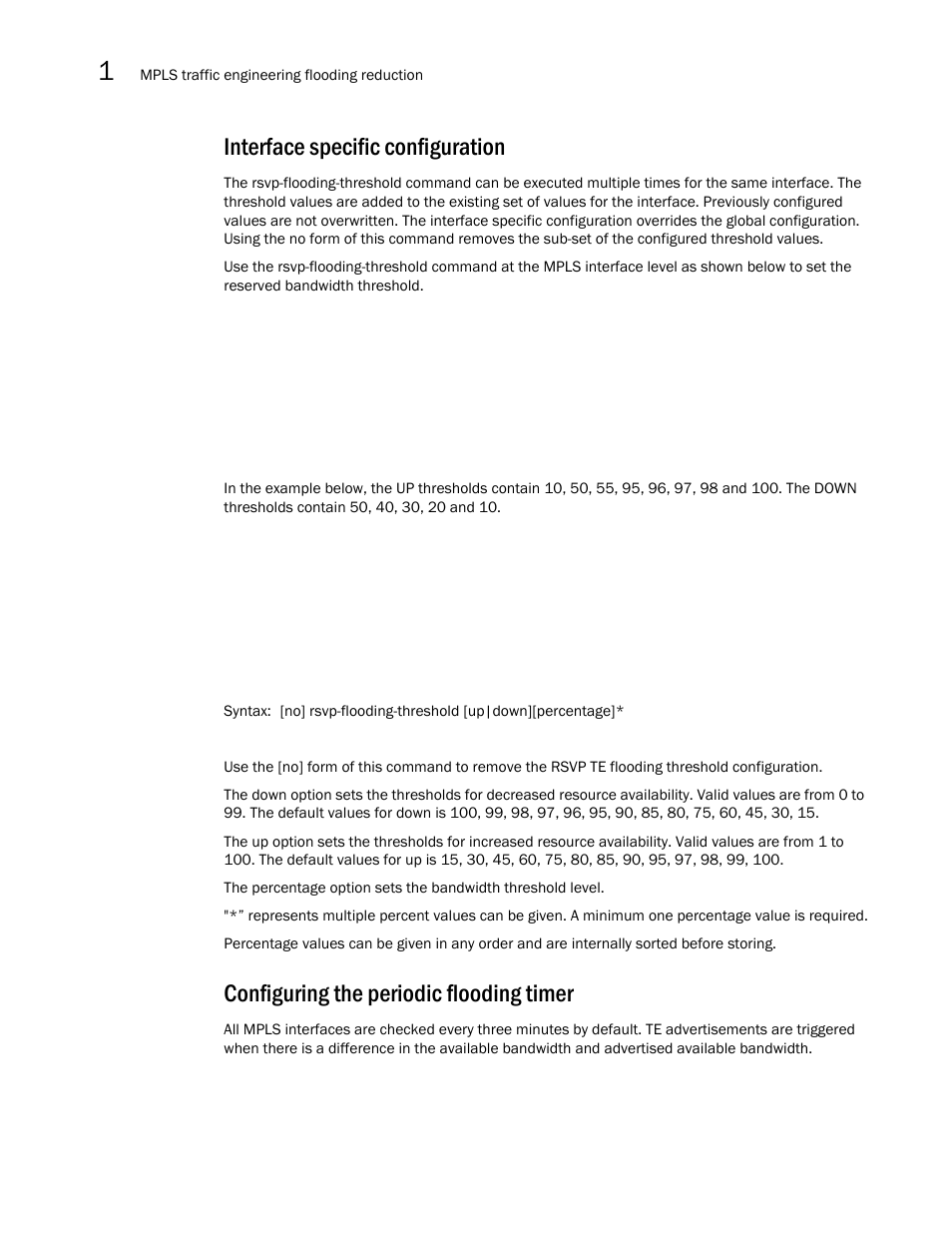 Interface specific configuration, Configuring the periodic flooding timer | Brocade Multi-Service IronWare Multiprotocol Label Switch (MPLS) Configuration Guide (Supporting R05.6.00) User Manual | Page 108 / 852