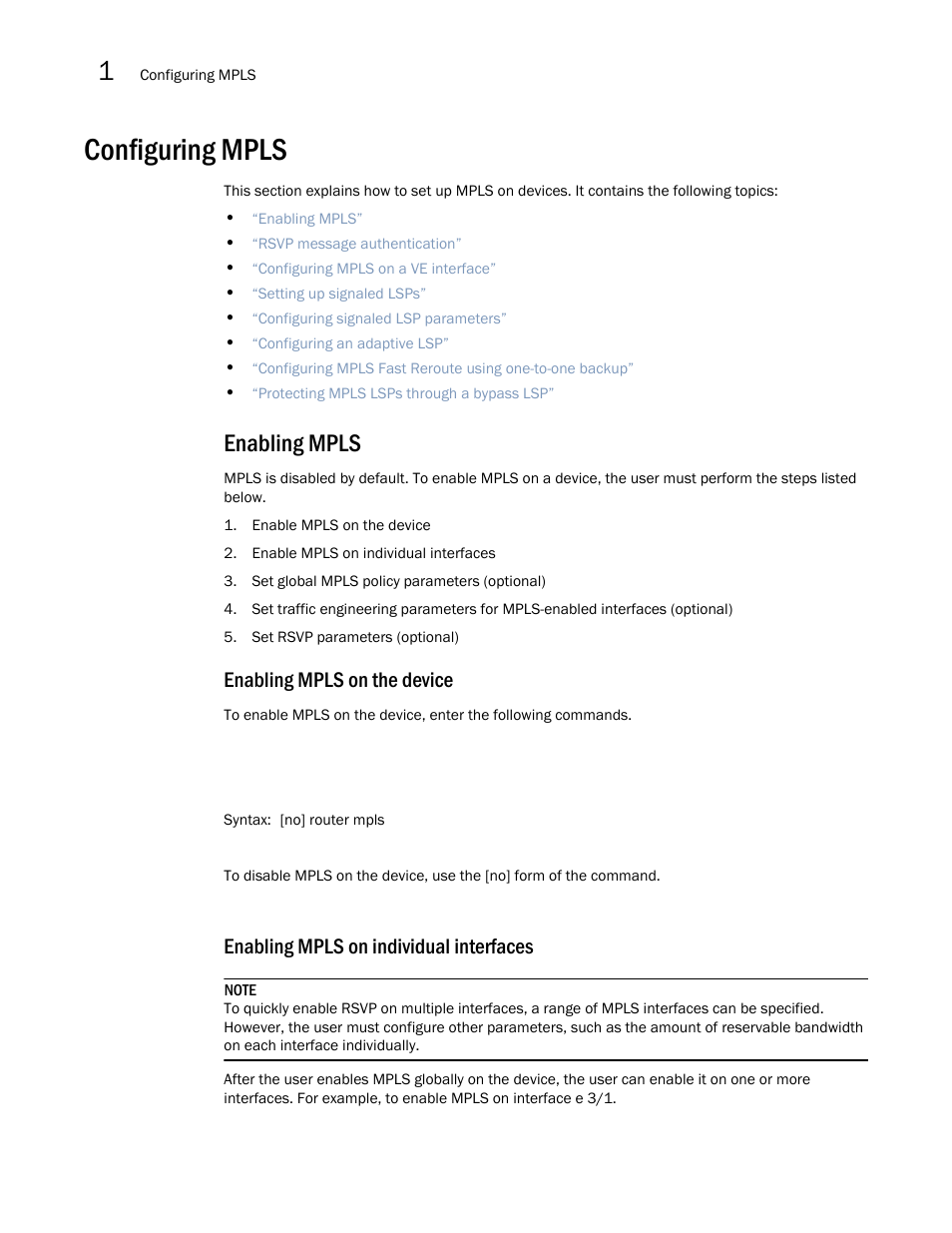 Configuring mpls, Enabling mpls, Enabling mpls on the device | Enabling mpls on individual interfaces | Brocade Multi-Service IronWare Multiprotocol Label Switch (MPLS) Configuration Guide (Supporting R05.6.00) User Manual | Page 114 / 852