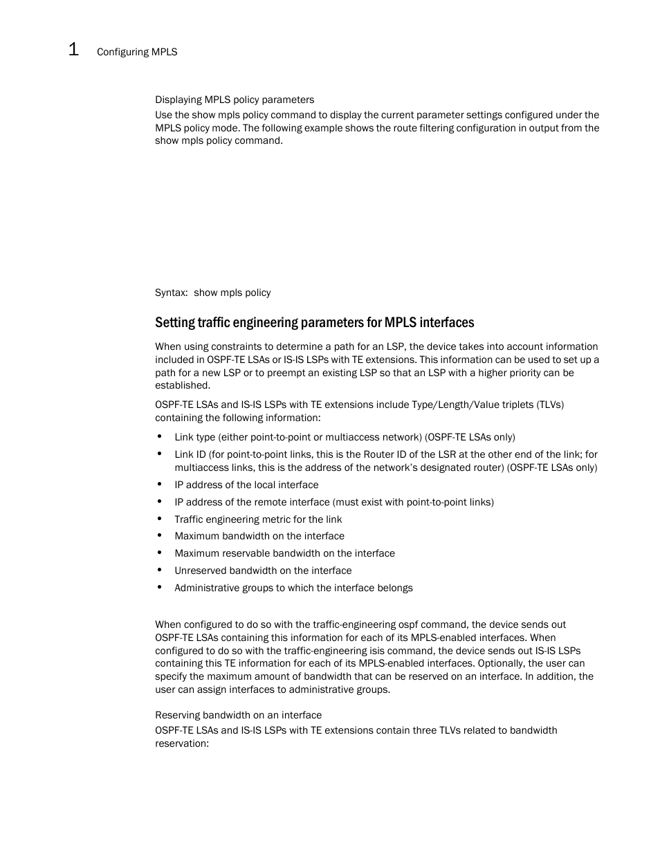 Setting, Traffic engineering parameters for mpls interfaces | Brocade Multi-Service IronWare Multiprotocol Label Switch (MPLS) Configuration Guide (Supporting R05.6.00) User Manual | Page 120 / 852