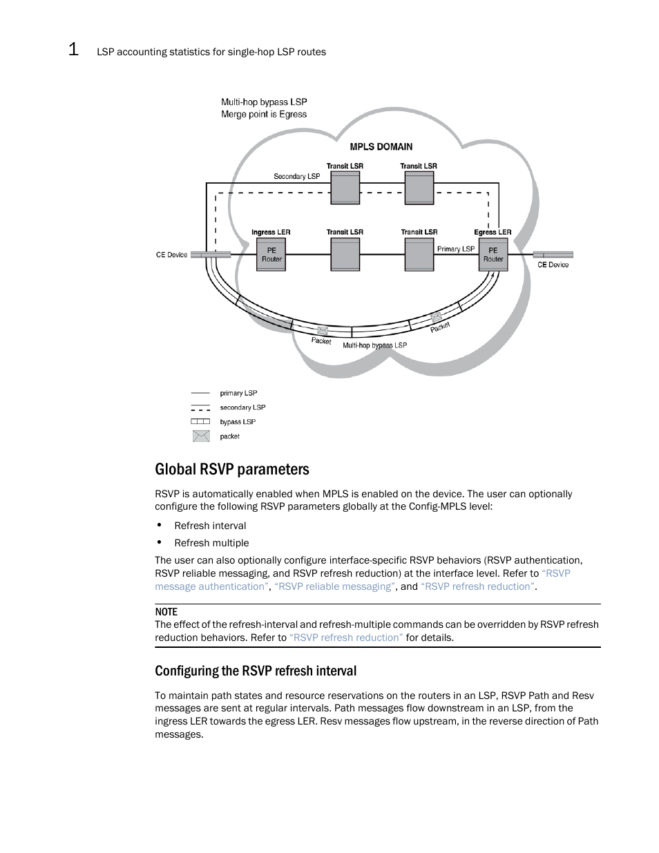 Global rsvp parameters, Global rsvp, Parameters | Configuring the rsvp refresh interval | Brocade Multi-Service IronWare Multiprotocol Label Switch (MPLS) Configuration Guide (Supporting R05.6.00) User Manual | Page 130 / 852