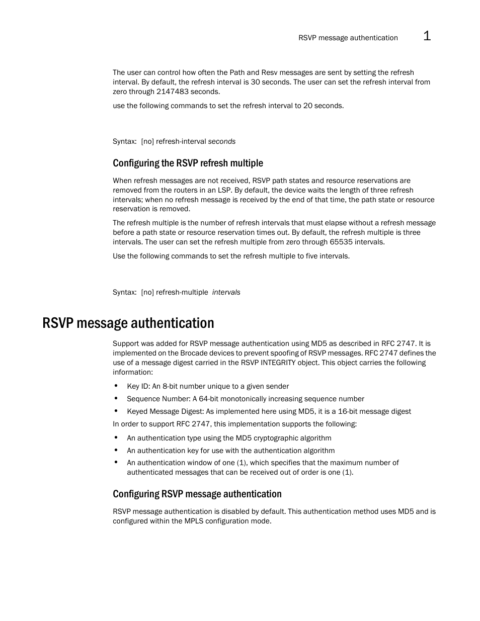 Rsvp message authentication, Erface level. refer to, Rsvp | Message authentication, Configuring the rsvp refresh multiple, Configuring rsvp message authentication | Brocade Multi-Service IronWare Multiprotocol Label Switch (MPLS) Configuration Guide (Supporting R05.6.00) User Manual | Page 131 / 852