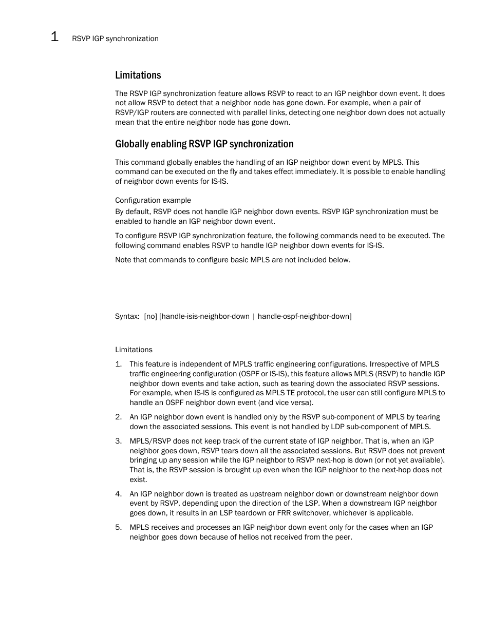 Limitations, Globally enabling rsvp igp synchronization | Brocade Multi-Service IronWare Multiprotocol Label Switch (MPLS) Configuration Guide (Supporting R05.6.00) User Manual | Page 136 / 852