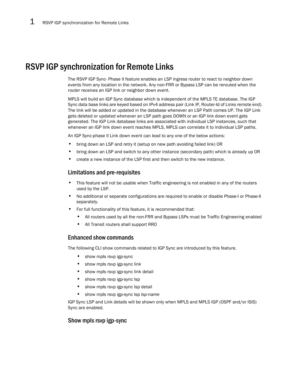 Rsvp igp synchronization for remote links, Limitations and pre-requisites, Enhanced show commands | Show mpls rsvp igp-sync | Brocade Multi-Service IronWare Multiprotocol Label Switch (MPLS) Configuration Guide (Supporting R05.6.00) User Manual | Page 138 / 852