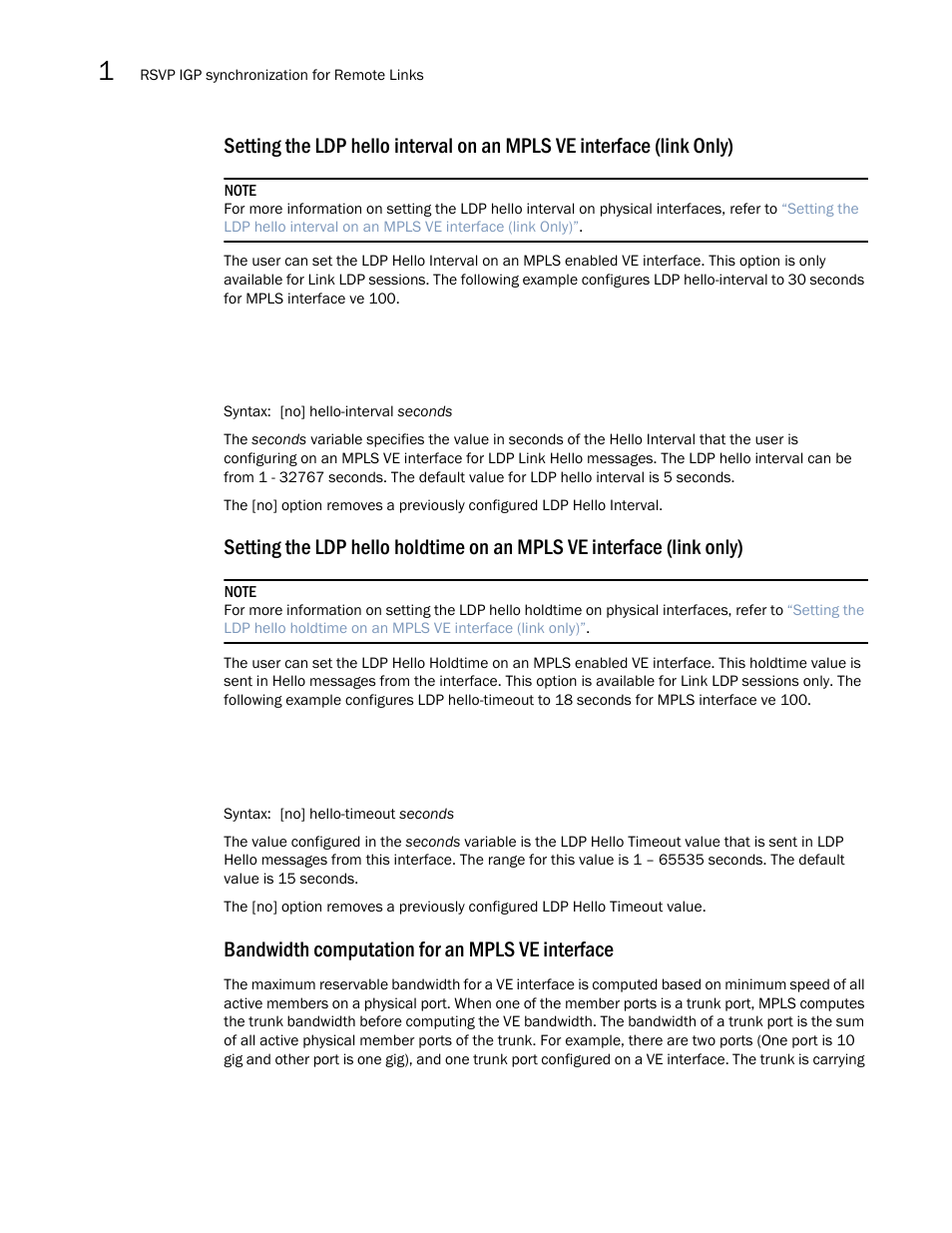 Ldp-params, Bandwidth computation for an mpls ve interface | Brocade Multi-Service IronWare Multiprotocol Label Switch (MPLS) Configuration Guide (Supporting R05.6.00) User Manual | Page 146 / 852