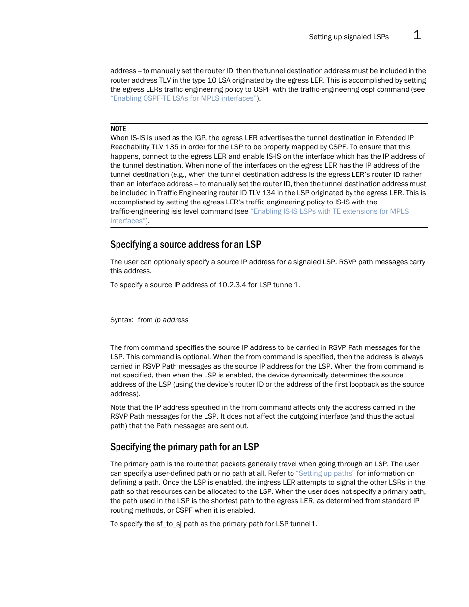 Specifying a source address for an lsp, Specifying the primary path for an lsp | Brocade Multi-Service IronWare Multiprotocol Label Switch (MPLS) Configuration Guide (Supporting R05.6.00) User Manual | Page 153 / 852