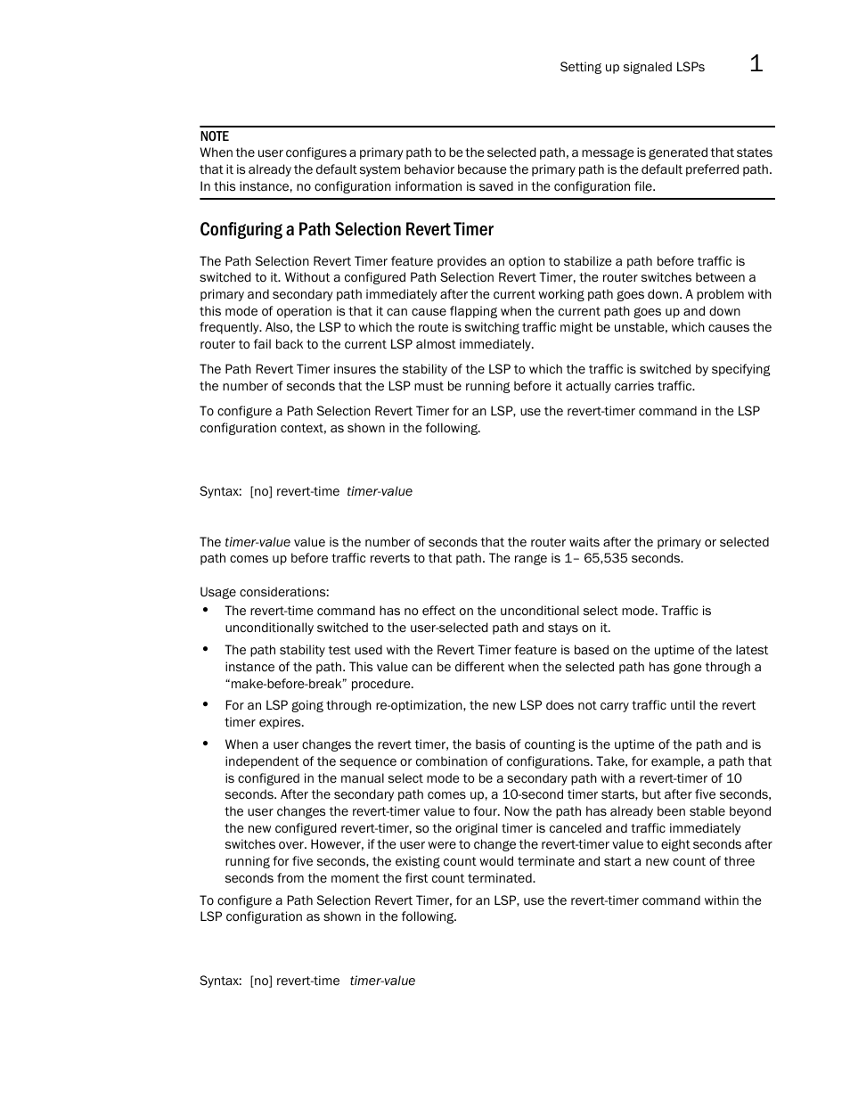 Configuring a path selection revert timer | Brocade Multi-Service IronWare Multiprotocol Label Switch (MPLS) Configuration Guide (Supporting R05.6.00) User Manual | Page 157 / 852