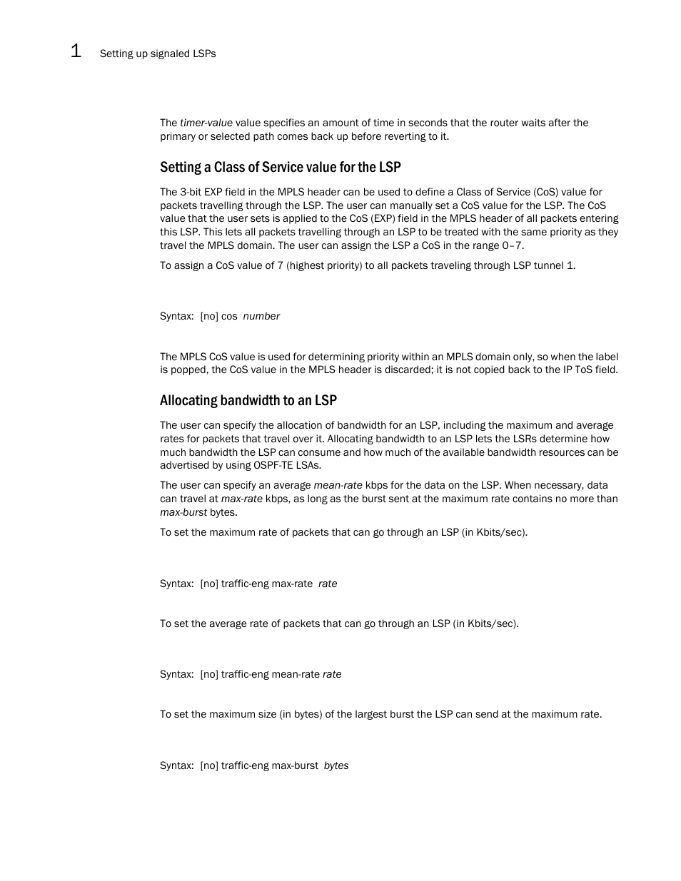 Setting a class of service value for the lsp, Allocating bandwidth to an lsp | Brocade Multi-Service IronWare Multiprotocol Label Switch (MPLS) Configuration Guide (Supporting R05.6.00) User Manual | Page 158 / 852