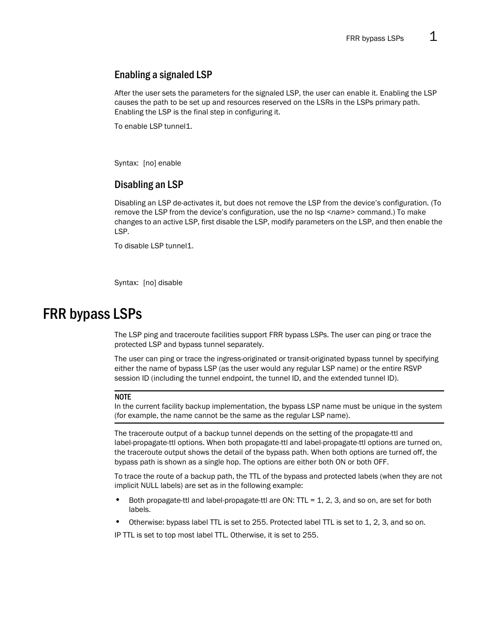 Frr bypass lsps, Enabling a signaled lsp, Disabling an lsp | Brocade Multi-Service IronWare Multiprotocol Label Switch (MPLS) Configuration Guide (Supporting R05.6.00) User Manual | Page 163 / 852