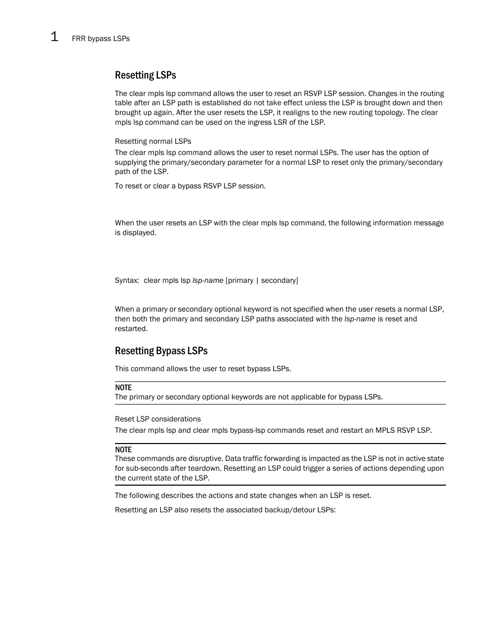 Resetting lsps, Resetting bypass lsps | Brocade Multi-Service IronWare Multiprotocol Label Switch (MPLS) Configuration Guide (Supporting R05.6.00) User Manual | Page 164 / 852