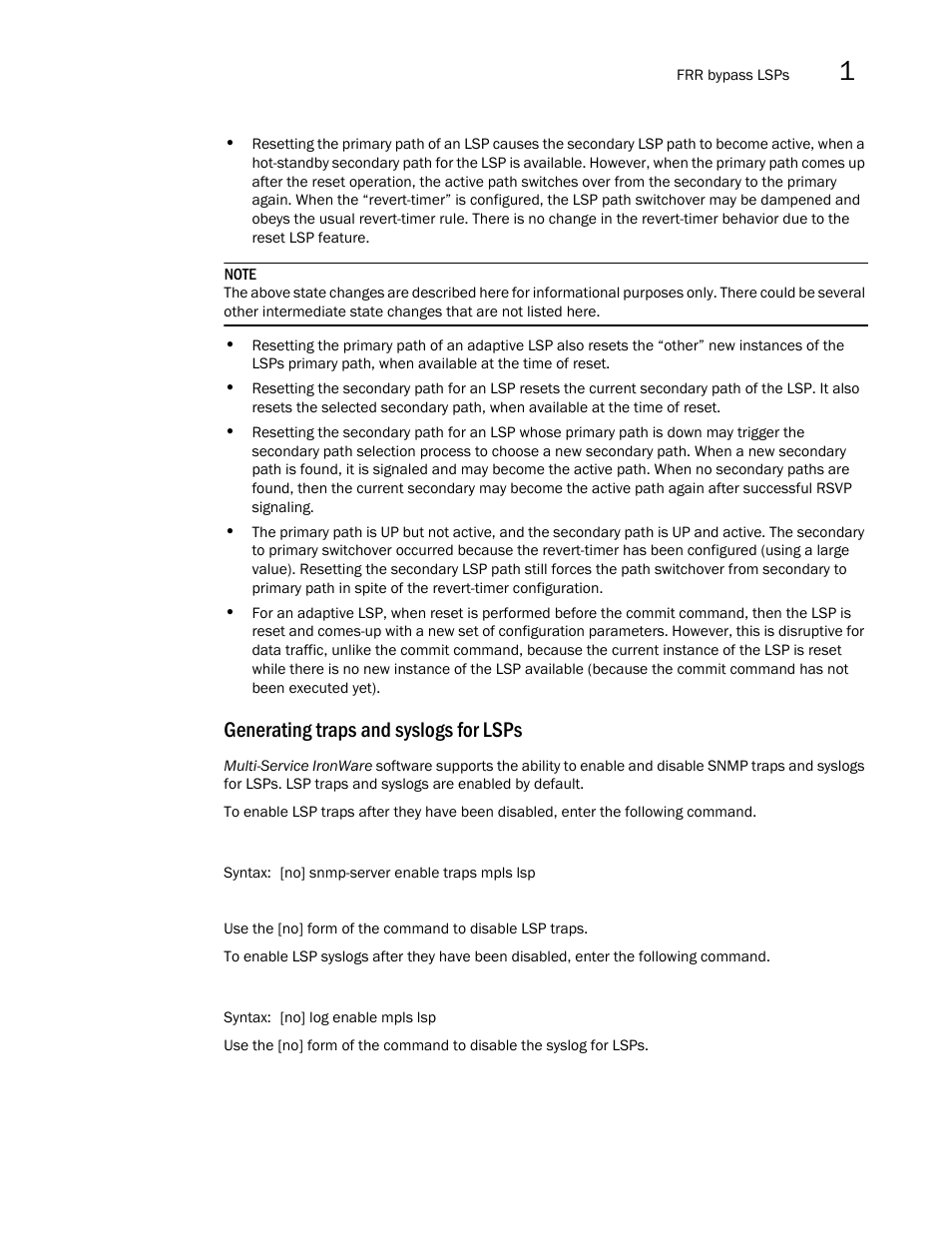 Generating traps and syslogs for lsps | Brocade Multi-Service IronWare Multiprotocol Label Switch (MPLS) Configuration Guide (Supporting R05.6.00) User Manual | Page 165 / 852