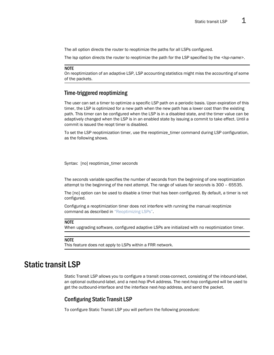 Static transit lsp, Time-triggered reoptimizing, Configuring static transit lsp | Brocade Multi-Service IronWare Multiprotocol Label Switch (MPLS) Configuration Guide (Supporting R05.6.00) User Manual | Page 175 / 852