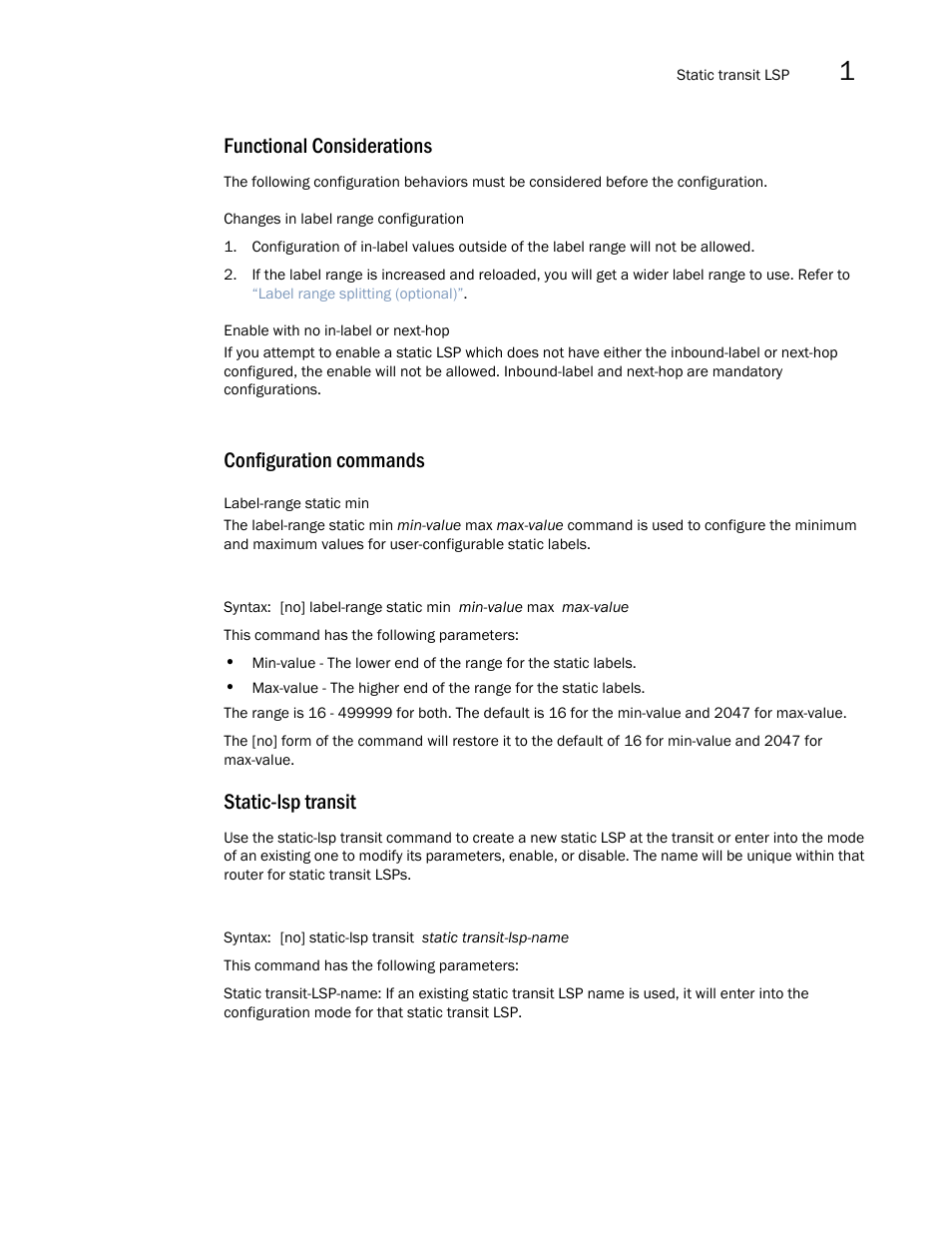 Functional considerations, Configuration commands, Static-lsp transit | Brocade Multi-Service IronWare Multiprotocol Label Switch (MPLS) Configuration Guide (Supporting R05.6.00) User Manual | Page 177 / 852